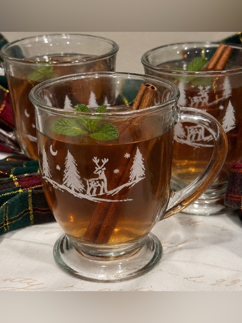 Clear Glass Holiday Mugs with White Reindeer Tree Design (Set)